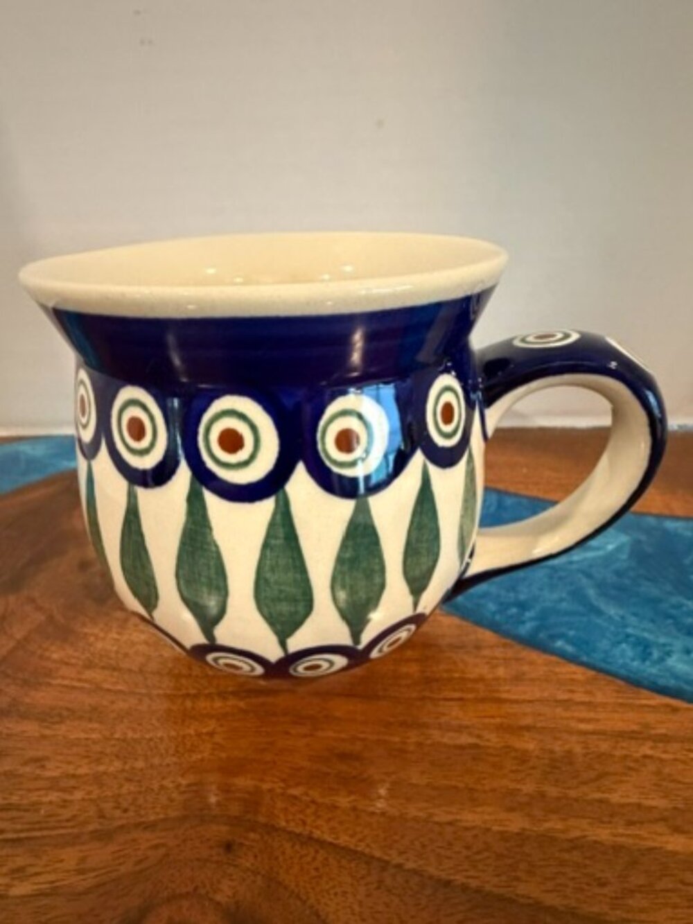 Ceramika Polish Pottery 16oz Bubble Mug Peacock Eye Feather Cup
